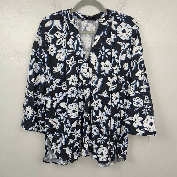 Zara Top Womens XL Black White Floral Linen Viscose Blouse V-Neck Peasant Boho - Picture 1 of 6